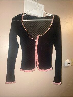 Vintage Rare Betsey Johnson Black Cardigan with Pink Trim and Floral Neckline